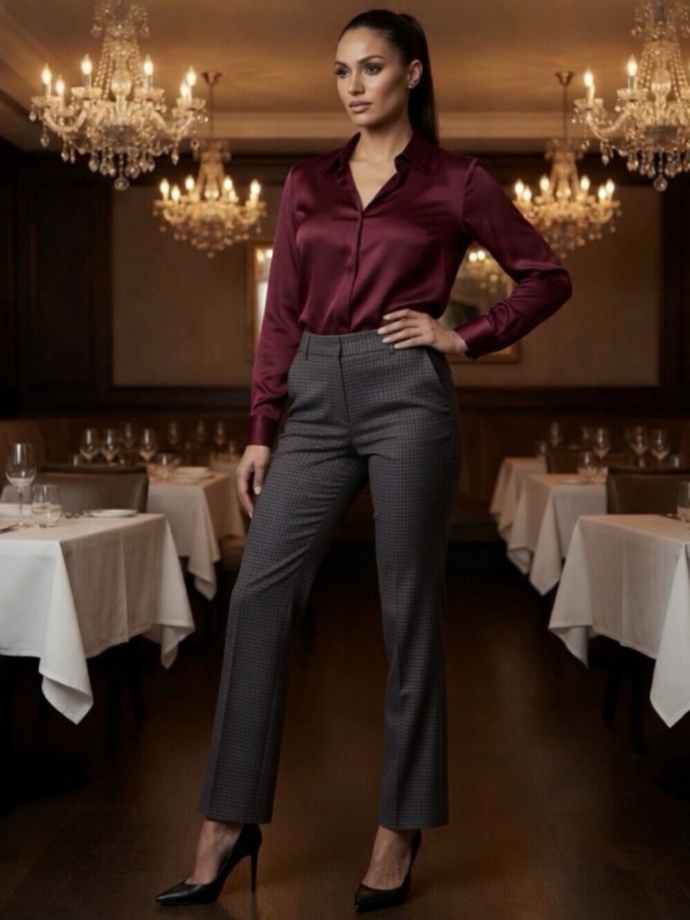 NWOT Ann Taylor Factory Charcoal gray burgundy Check dress pants Sz 10 - Picture 3 of 16